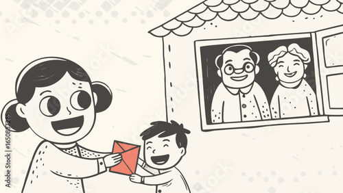 Illustration of a girl and boy delivering a letter to grandparents at a window of their house silhouette