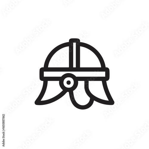 A black and white line drawing of a Roman helmet.