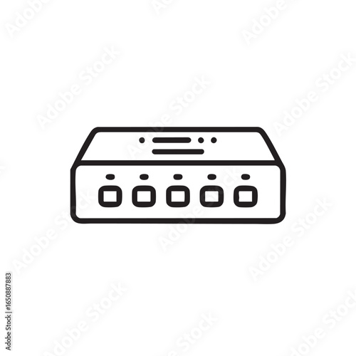 A black and white line drawing of a network hub.