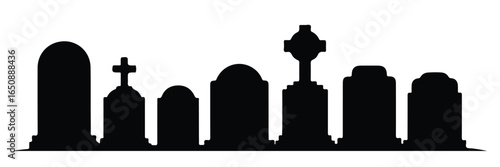 graveyard, cemetery, gravestones, tombstones, crosses, gothic architecture, spooky, ominous, atmospheric, dark, moody