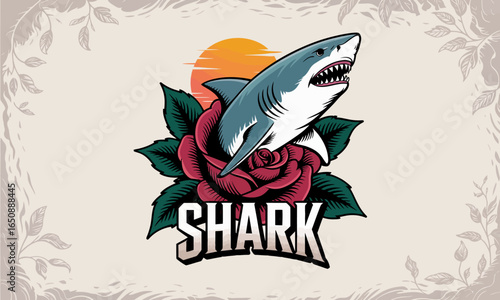 This bold graphic design showcases a shark bursting from a rose, infused with vintage elements and a sunset, symbolizing the fierce and beautiful aspects of nature in art.