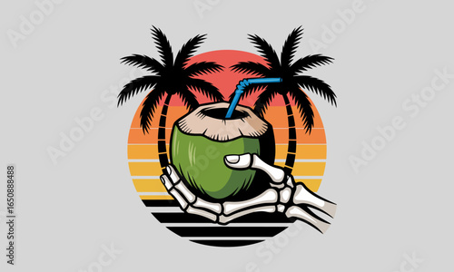 A stylish skeleton holding a coconut drink, framed by palm trees and a colorful gradient sunset. A quirky yet playful representation of relaxation and enjoyment.