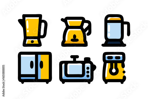 A collection of various kitchen appliances are displayed to show different tools for cooking and preparing food, all in a simple line-art style.