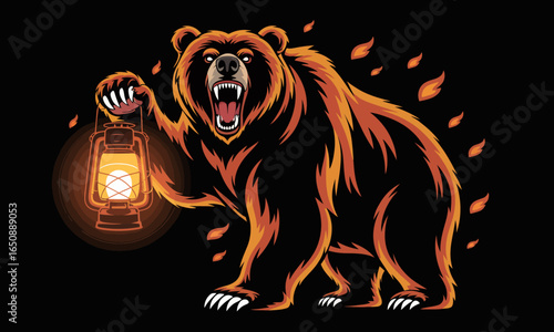 This vibrant illustration showcases a bear triumphantly holding a lantern, reflecting its strength and fierce demeanor against a dark background.