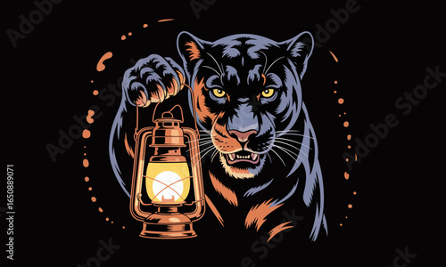 This fierce illustration depicts an angry panther holding a lantern tightly, showcasing its potent presence and unwavering spirit against a dark background.