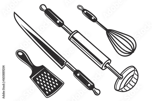 A collection of various kitchen utensils, including a knife, spatula, whisk, and rolling pin, are displayed for culinary usage.