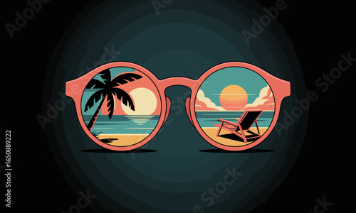 A vibrant illustration of sunglasses reflecting a serene beach scene, complete with a palm tree and a relaxing deck chair under the golden sun and azure waters.