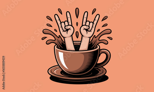 An artistic depiction of rock hand gestures bursting out of a coffee cup, emphasizing creativity and a lively spirit with an eye-catching splash of coffee.