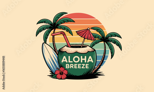 This vibrant illustration features a coconut drink adorned with umbrellas, tropical plants, and a surfboard, embodying the essence of summer and relaxation.