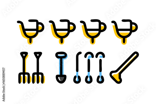 A collection of gardening tools illustrated in a simple line art style, perfect for all landscaping and garden maintenance.