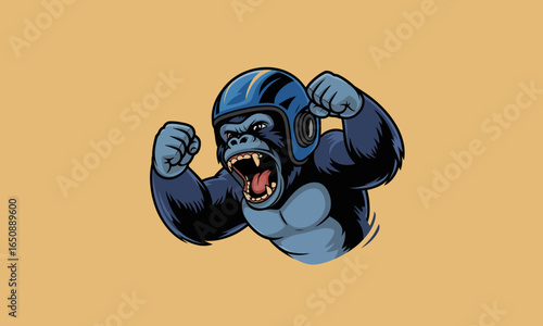 A dynamic illustration of an excited gorilla in a racing helmet captures the essence of vitality and strength, perfect for conveying sportiness and enthusiasm.