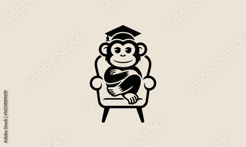 This captivating image features a monkey draped stylishly in a toga while seated elegantly in an armchair, blending academic themes with a touch of humor and charm.