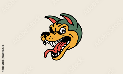 A fierce dog head illustration showcasing sharp features and an expressive demeanor, rendered in bold colors for a compelling and dynamic graphic style.