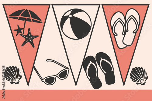 Several beach-related items like sunglasses, flip flops, and a beach ball are arranged on decorative pennant banners, showcasing a summer concept.