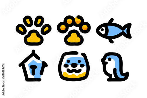Colorful graphic icons of various pets and pet-related items, including paws, a fish, a birdhouse, a bowl, and a cute bird.