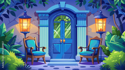 A charming blue front door stands beautifully framed by elegant lanterns, lush greenery, and a welcoming chair, creating warmth, elegance, and realistic style perfect for inviting cherished guests ins