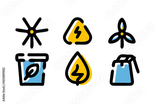 Various colorful icons represent renewable energy sources including wind turbines, solar panels, and hydroelectric power, showcasing clean power.