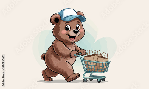 This adorable bear is joyfully pushing a shopping cart filled with goodies, showcasing a playful and fun spirit that highlights innocence and joy in daily activities.