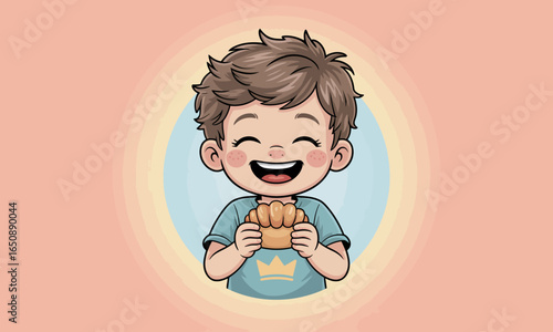 A young boy joyfully holding a croissant, showcasing the blissful moment of enjoying fresh baked treats, radiating warmth and happiness.