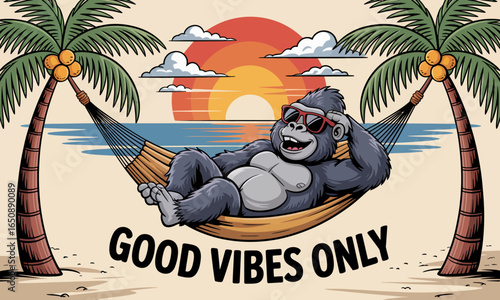 A humorous cartoon gorilla in stylish sunglasses reclines in a hammock with a stunning sunset and tropical palms, embodying relaxation and carefree enjoyment.