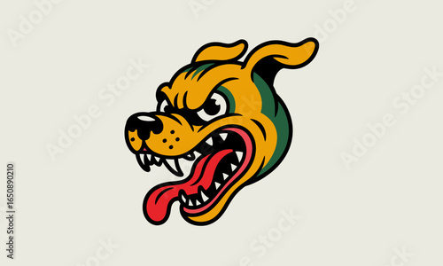 This fierce dog head illustration showcases a vibrant and aggressive look, emphasizing sharp teeth and intense expression, perfect for branding or merchandising needs.