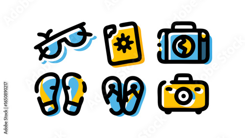 A vibrant collection of hand-drawn doodle-style travel and vacation icons, featuring essential items like a camera, passport, and flip-flops.