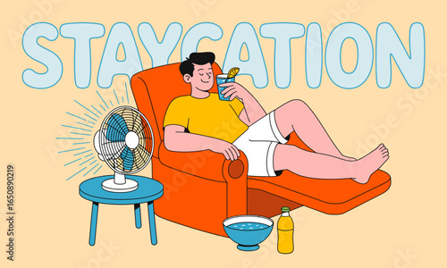 A cheerful individual lounges in a chair, sipping a drink and enjoying a fan's cool breeze, perfectly illustrating the comfort and leisure of a delightful staycation experience.