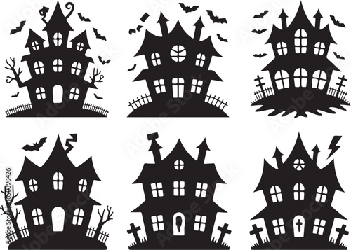 Spooky haunted houses with bats, graves, and lightning.