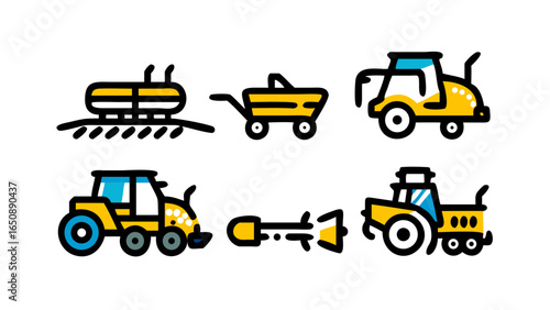 A diverse range of illustrative icons depicting essential agricultural machinery and farming vehicles for modern farms.
