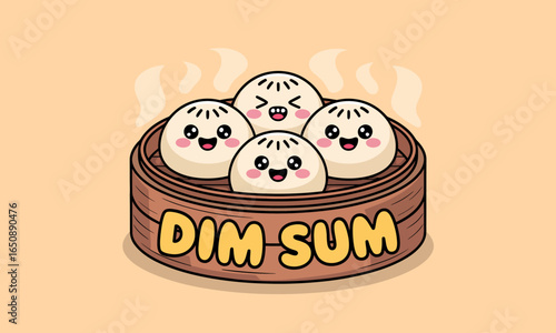 This endearing illustration shows steaming dim sum dumplings in a bamboo steamer, signifying joy and warmth that comes from heartwarming meals and happy gatherings.