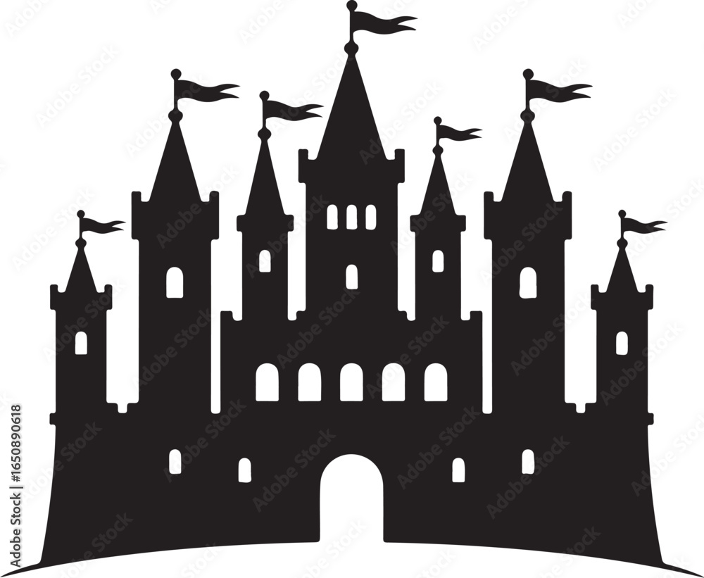 Obraz premium Majestic medieval castle silhouette with flags flying high