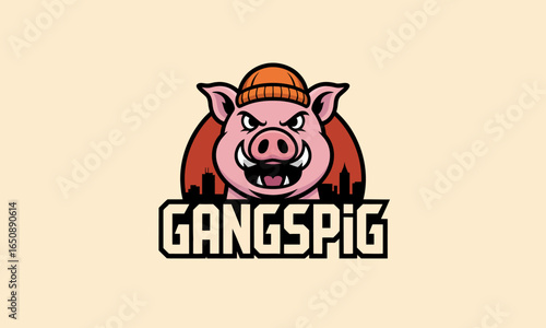 The fierce pig character in a beanie strikes an expressive pose, reflecting rebellion and attitude while seamlessly incorporating urban elements for a youthful appeal.