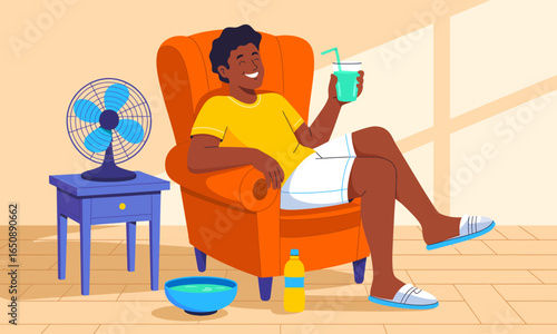 A cheerful person sits comfortably in an orange armchair, enjoying a refreshing drink while a fan circulates cool air in a cozy indoor setting.