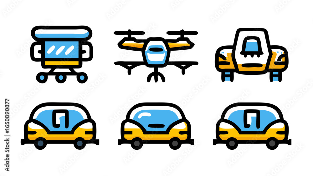 Fototapeta premium A versatile set of detailed modern transportation and delivery vehicle icons, including a drone, truck, and passenger automobiles