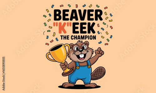 A cartoon beaver stands proudly, showcasing a trophy amidst confetti. The playful demeanor and bright colors symbolize achievement and the joy of winning.