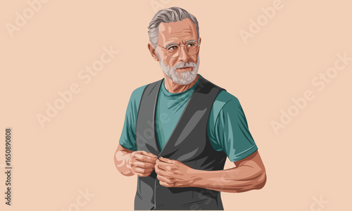 A refined gentleman with gray hair, glasses, and a vested outfit, emanating charm and sophistication, perfect for showcasing modern elegance and confidence.