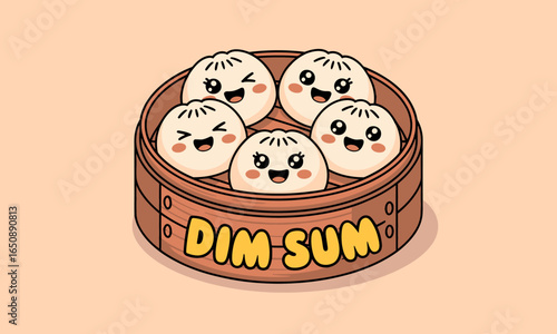 A delightful illustration of adorable dim sum buns with playful and happy expressions nestled in a bamboo steamer highlighting the charm of traditional Asian cuisine.