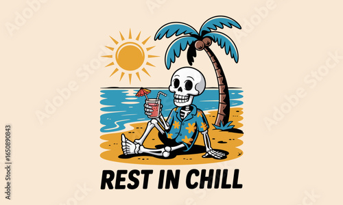 A joyful skeleton in a floral shirt sits on the beach, sipping a colorful drink, embracing a lighthearted portrayal of relaxation and humor in life.