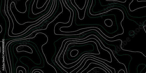 A dark, abstract topographic map or contour line pattern, with thin, contrasting white and green lines forming a complex, undulating design against a solid black background.
