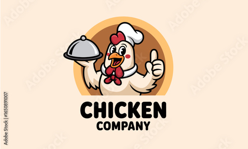A cheerful cartoon chicken wearing a chef's hat and holding a dish, representing the essence of delicious food and hospitality in a vibrant style.