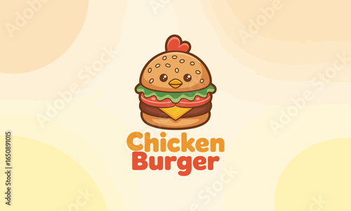 This appealing chicken burger logo features layers of deliciousness, making it eye-catching for customers and ideal for any restaurant or food business looking for a fun vibe.
