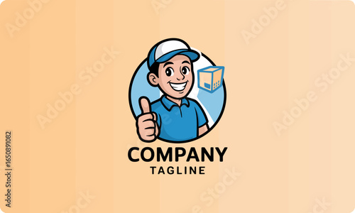 A cheerful delivery mascot character giving a thumbs-up, surrounded by a graphic box symbolizing timely and efficient service in the delivery industry.