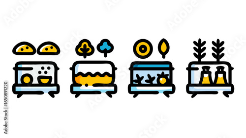 A vibrant collection of colorful line art icons depicting diverse modern cooking methods and unique food preparation concepts.