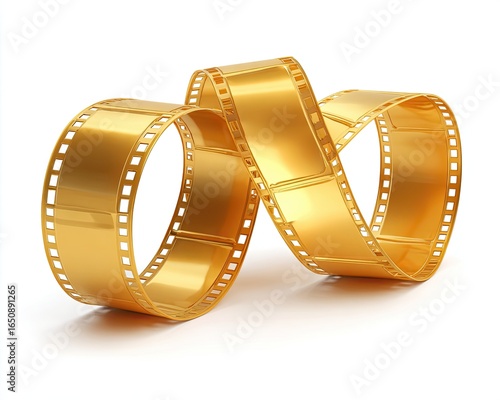 Golden film strip coiled and twisting on white background