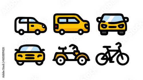 A comprehensive collection of simplified outlined vehicle icons depicting various common modes of land transportation.
