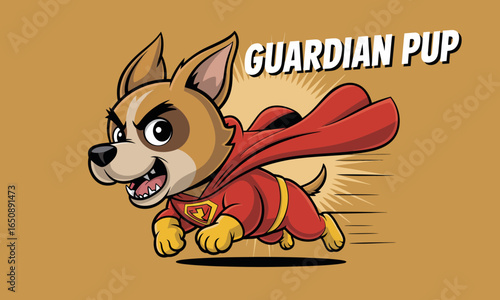 A stunning cartoon dog hero runs energetically in a superhero costume, showcasing bravery and courage, making it ideal for themes of adventure and heroism.