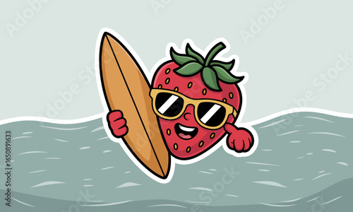 A playful cartoon strawberry character joyfully rides a surfboard on ocean waves, showcasing a fun and sunny beach experience filled with excitement and adventure.