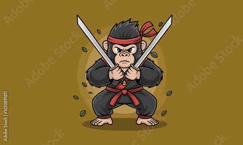 A fierce cartoon gorilla dressed as a ninja takes a strong battle pose with dual swords, emphasizing courage, power, and the dynamic nature of combat in a vibrant, artistic style.