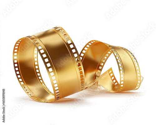 Golden film reel, spiraled and glossy, against a white background