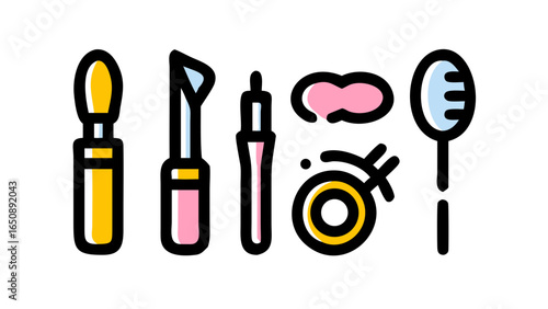 A vibrant collection of essential beauty and makeup tools, cosmetics, and accessories represented in a modern icon set style.